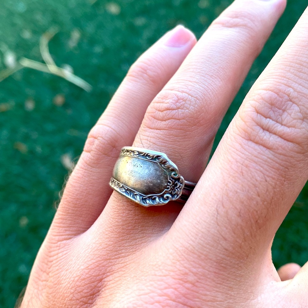Size 9 handmade silver plate bent spoon ring with antique finish